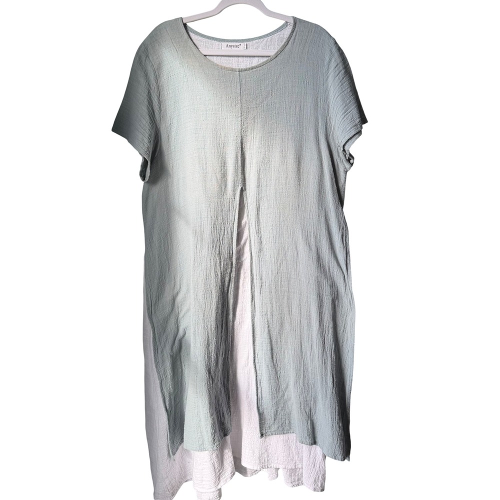 Anysize Dress Linen Cotton Maxi Lagenlook Artsy Boho Flowy Sage Green 130 XL XXL